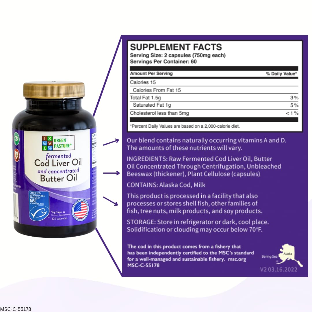 Green Pasture Fermented Cod Liver Oil & Butter Oil Blend - Wild Alaska Cod, Vitamins A & D, Omega-3-6-9, MSC Certified, 120 Capsules Green Pasture buy supplements canada