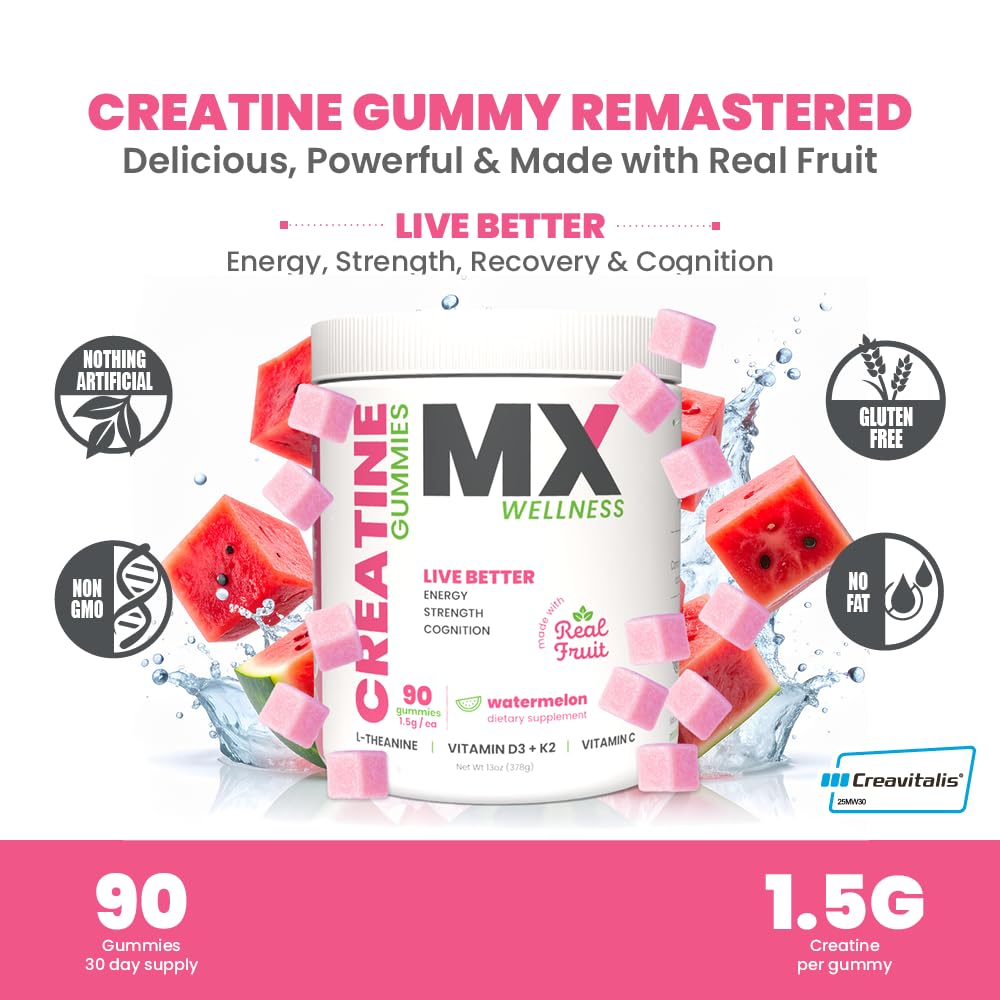 MX Wellness Creatine Monohydrate Gummies for Men & Women – Real Fruit Gummy Supplement for Muscle Growth, Recovery, Longevity, Cognitive Health & Memory – 90 Chews (90 Gummies, Watermelon) MX Wellness buy supplements canada