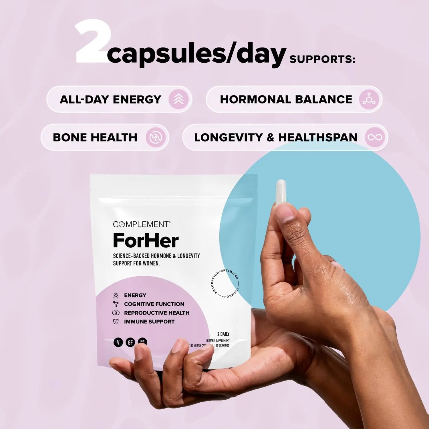 Complement ForHer Multivitamin - Hormone Balance for Women (60 Servings) Inositol Supplement, Longevity Support- B9, Iron - 120 Capsules Complement buy supplements canada