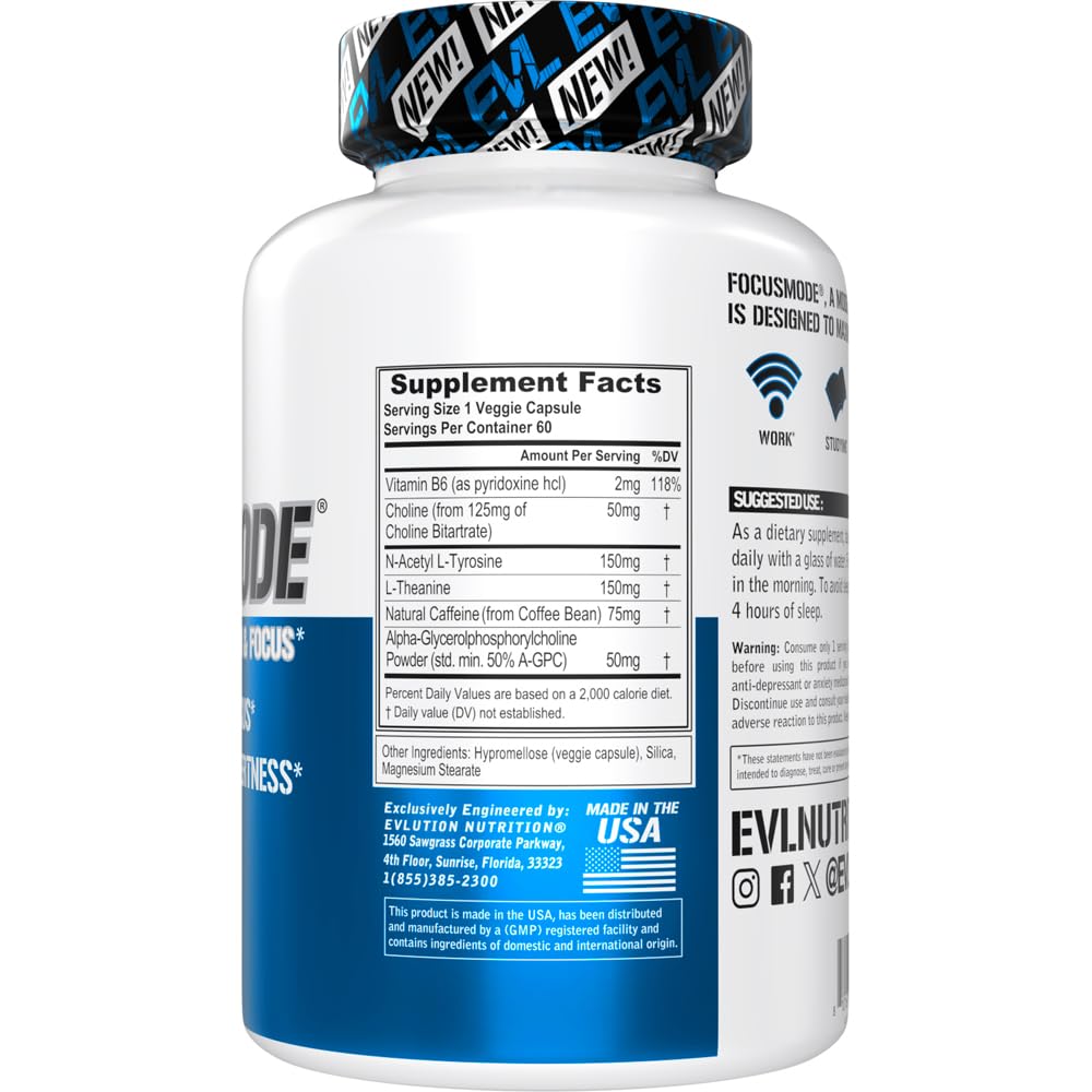 Evlution Nutrition Mental Energy and Focus Supplement for Adults - Nootropics Brain Support Supplement with Caffeine L Theanine Alpha GPC and L-Tyrosine - Focus Pills for Sustained Peak Performance Evlution buy supplements canada