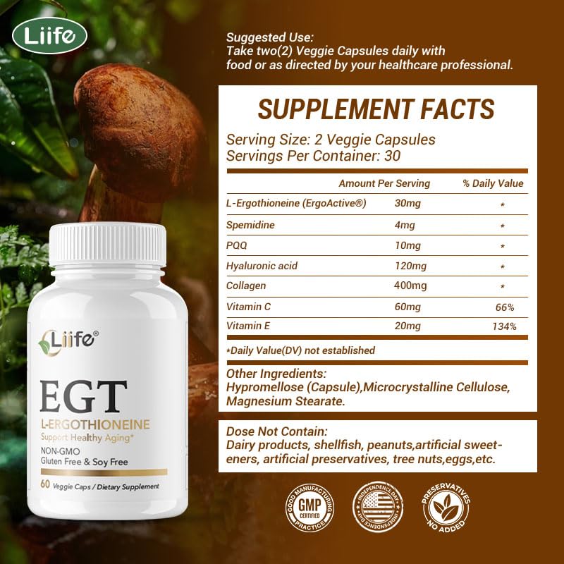 LIIFE L-Ergothioneine Supplement (EGT) 30mg,Compound Antioxidant Supplement (May Support Longevity and Healthy Aging) Promotes Skin Health，60 Capsules，Non-GMO, Gluten Free, Vegan Safe LIIFE buy supplements canada