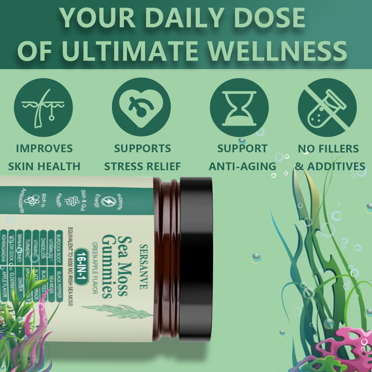 Sea Moss Gummies 16-in-1, with Black Seed Oil, Ashwagandha & Elderberry | Organic Irish Sea Moss Supplement for Men & Women | Daily Support with Manuka, Burdock Root & Vitamins C & D3, 30 Gummies SERSANVE buy supplements canada