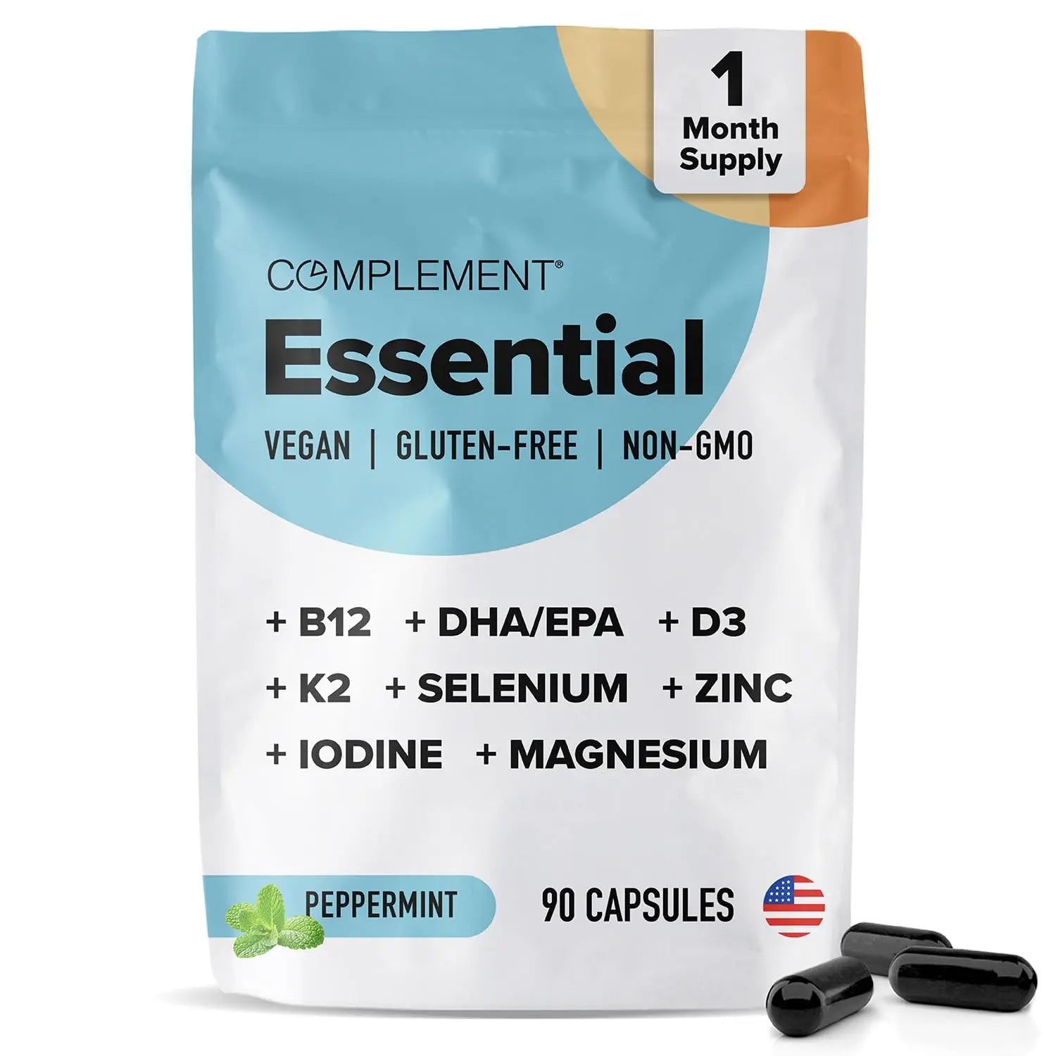 Complement Essential Vegan Multivitamin for Men & Women (30 Servings, 90 Capsules) with Omega-3 DHA & EPA, B12, Vitamin D3 & K2, Zinc, Selenium Complement buy supplements canada
