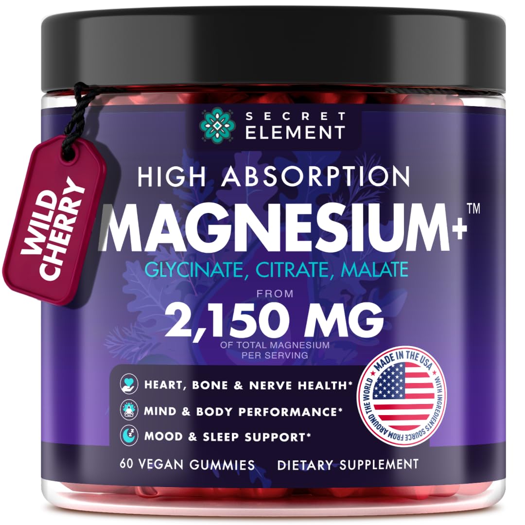 Magnesium Glycinate 2150 MG Gummies, High Absorption Magnesium Glycinate, Citrate & Malate, Sugar-Free, Vegan, Chews for Men & Women, 60 Gummies, Cherry Flavor– 60 Wild Cherry Flavor Chews Secret Element buy supplements canada