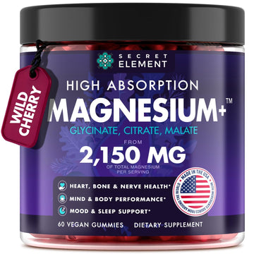 Magnesium Glycinate 2150 MG Gummies, High Absorption Magnesium Glycinate, Citrate & Malate, Sugar-Free, Vegan, Chews for Men & Women, 60 Gummies, Cherry Flavor– 60 Wild Cherry Flavor Chews Secret Element buy supplements canada