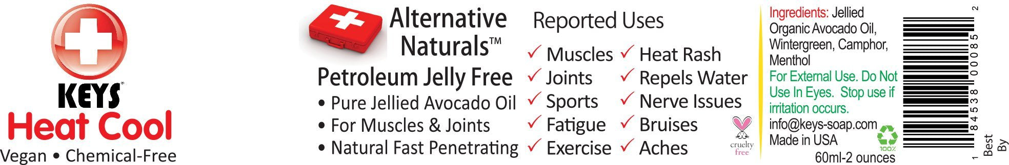 Keys Heat Cool Vegan, Chemical-Free, All Natural Therapy for Muscle Aches, Joints, and Sports Injuries made with Pure Organic Avocado Oil, Camphor, Menthol, and Wintergreen, No Petrolatum, 2 ounces Keys buy supplements canada