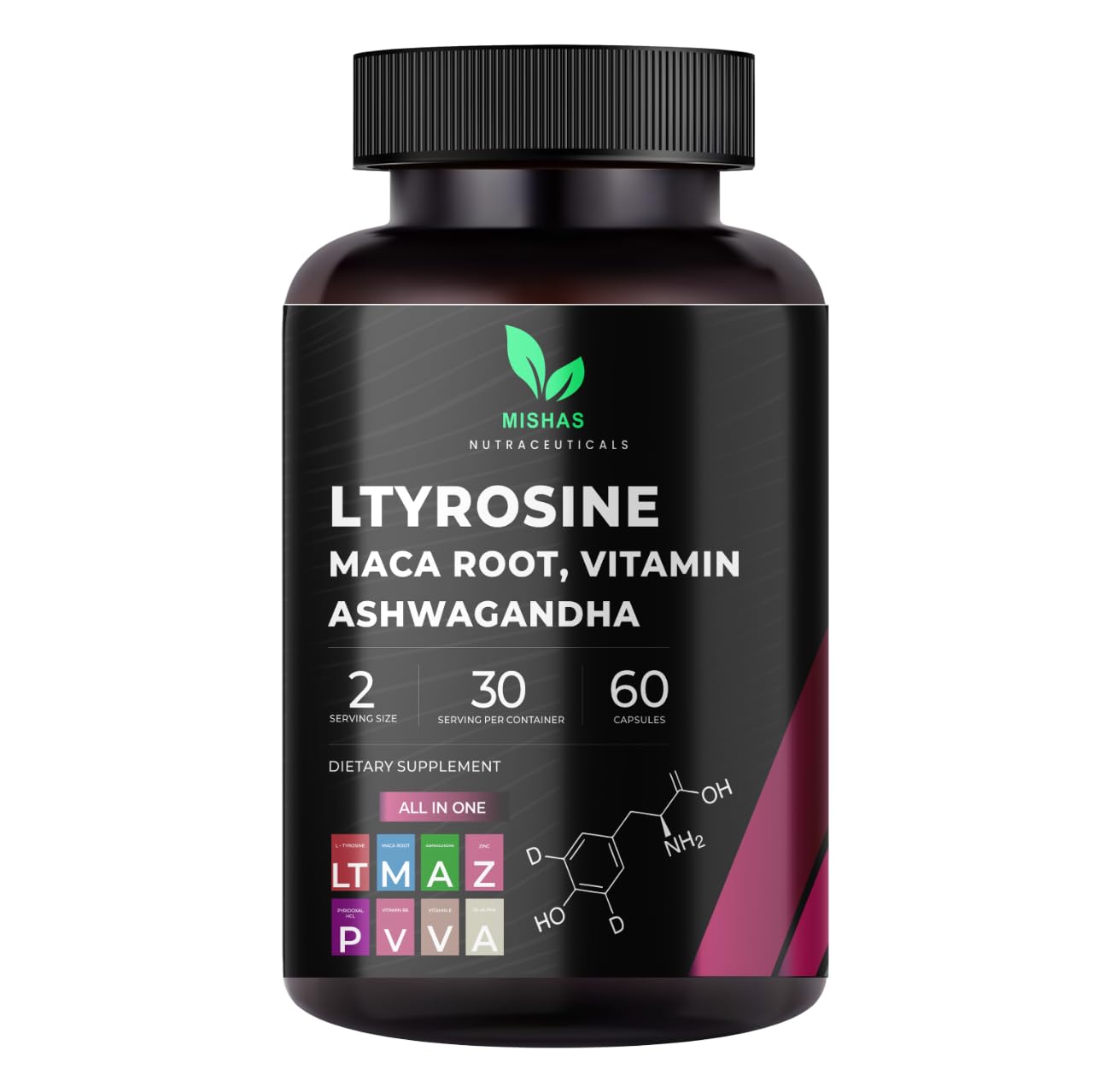 Mishas Nutraceuticals L-Tyrosine with Maca Root, Ashwagandha & Vitamins Complex – Energy, Mental Focus, Stress Relief & Immunity Support – 60 Capsules (30 Servings) Mishas buy supplements canada