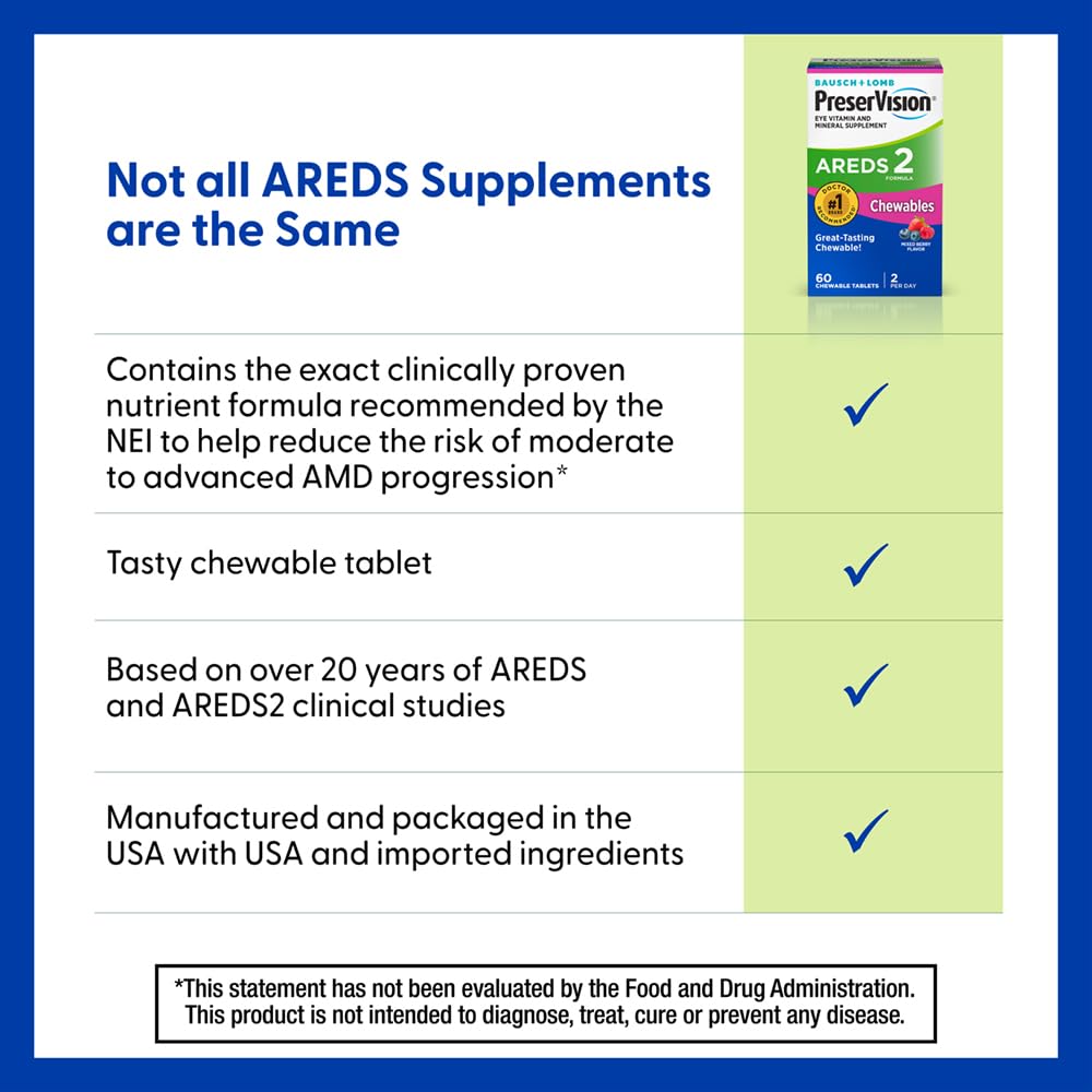 PreserVision AREDS 2 Eye Vitamins, #1 Eye Doctor Recommended Brand, Chewable Lutein and Zeaxanthin Supplement with Vitamin C, Vitamin E,Zinc, and Copper, Mixed Berry, 70 Tablets PreserVision buy supplements canada