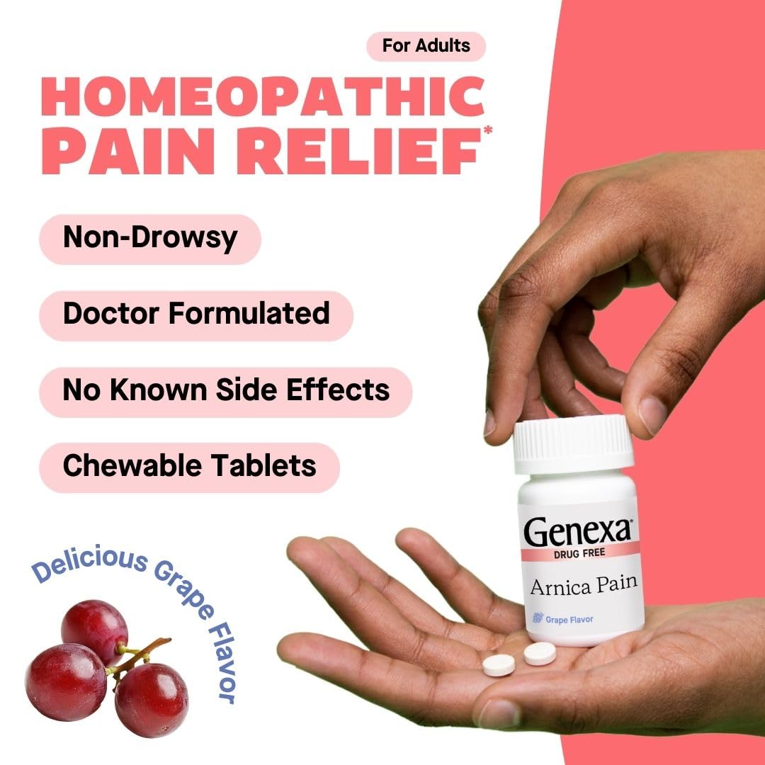Genexa Arnica Tablets for Pain Relief Formula | Alleviate Muscle & Joint Pain, Soreness, & Stiffness | Delicious Organic Grape Flavor | Homeopathic Remedy Made Clean | 300 Chewable Tablets (3 Pack) Genexa buy supplements canada