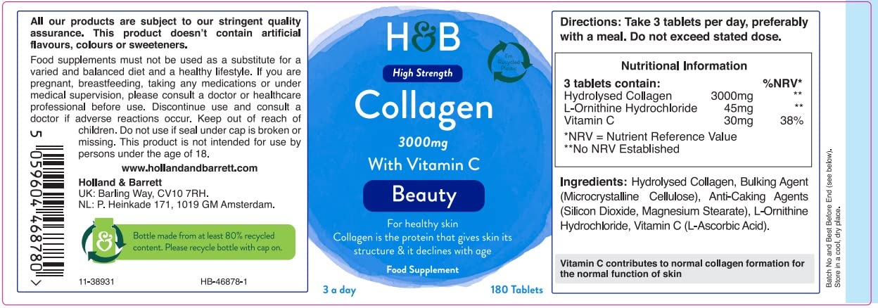 Holland & Barrett Bovine Collagen Tablet 3000mg - Type I Collagen Peptides - Hydrolysed Collagen with Vitamin C - Hair, Skin & Nails Holland & Barrett buy supplements canada