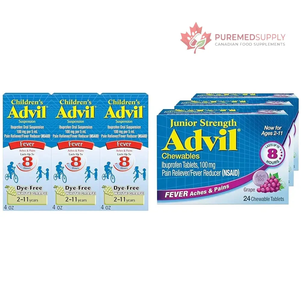 Advil Children's Pain Reliever and Fever Reducer, Dye Free Liquid Ibuprofen for Children (Pack of 3) and Advil Junior Strength Chewable Ibuprofen Pain Reliever and Fever Reducer, Grape Flavored Tablets for Children (Pack of 3) Advil buy supplements canada