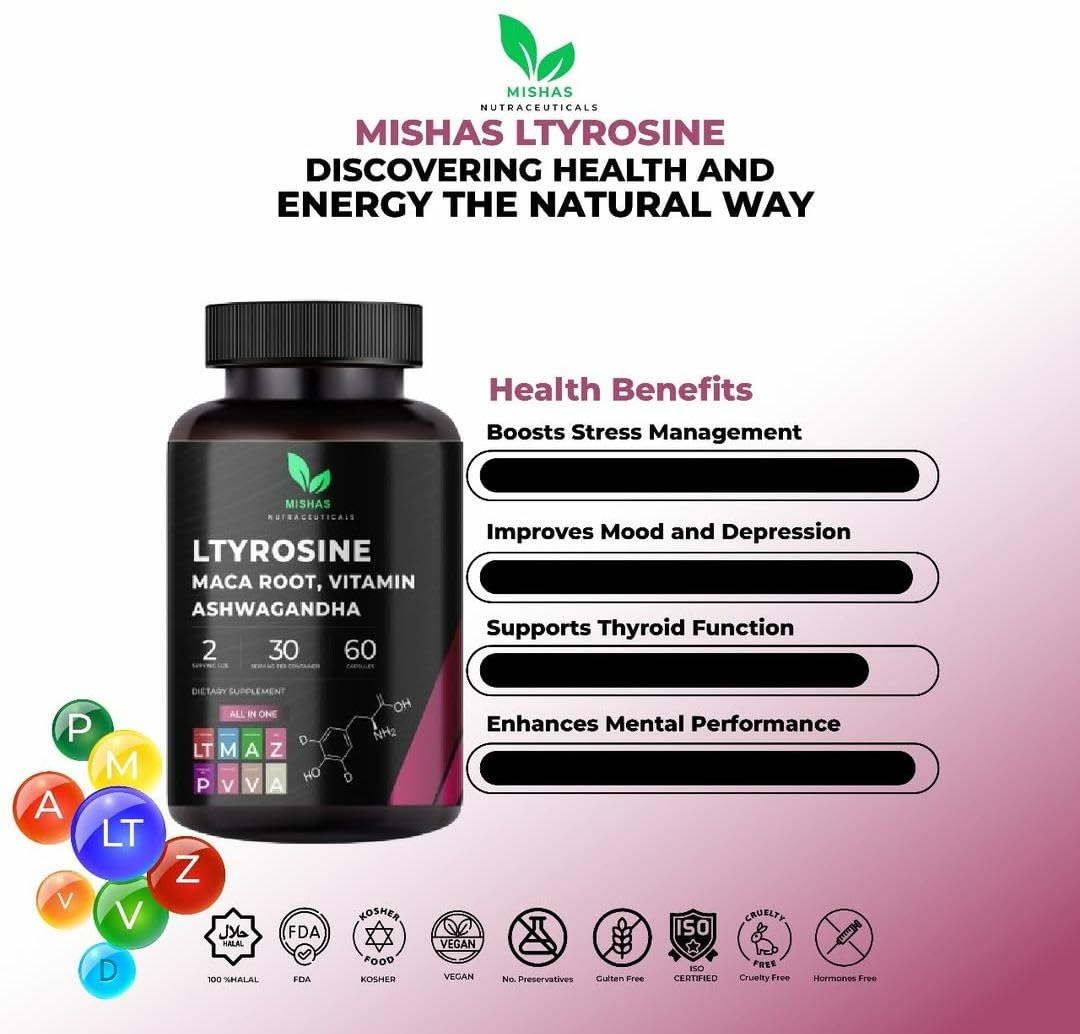 Mishas Nutraceuticals L-Tyrosine with Maca Root, Ashwagandha & Vitamins Complex – Energy, Mental Focus, Stress Relief & Immunity Support – 60 Capsules (30 Servings) Mishas buy supplements canada