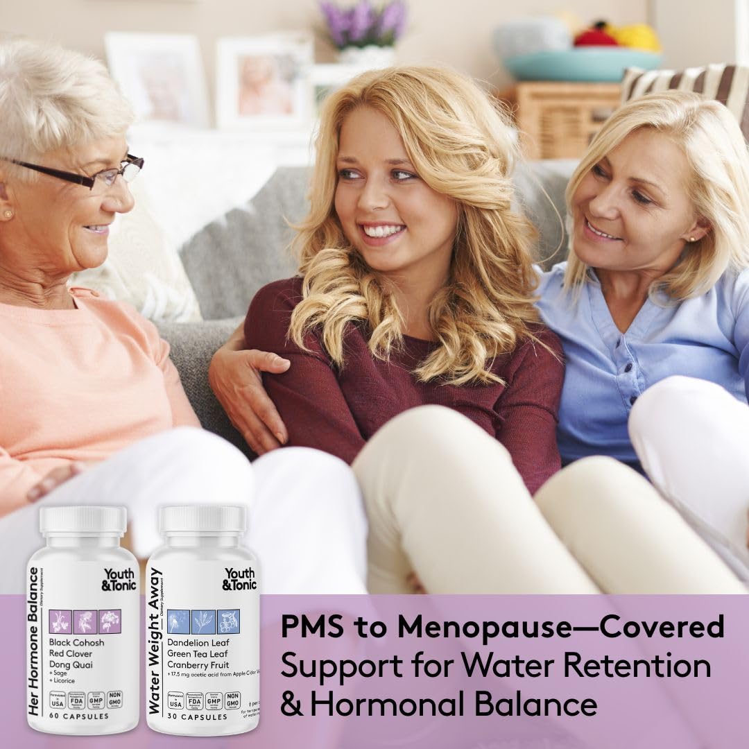 Youth & Tonic PMS & Menopause Bloating Relief Duo – Support for Puffiness, Hormonal Balance & Fluid Retention – Her Hormone Balance + Water Weight Away Natural Herbs for Women, 90 Capsules Youth & Tonic buy supplements canada