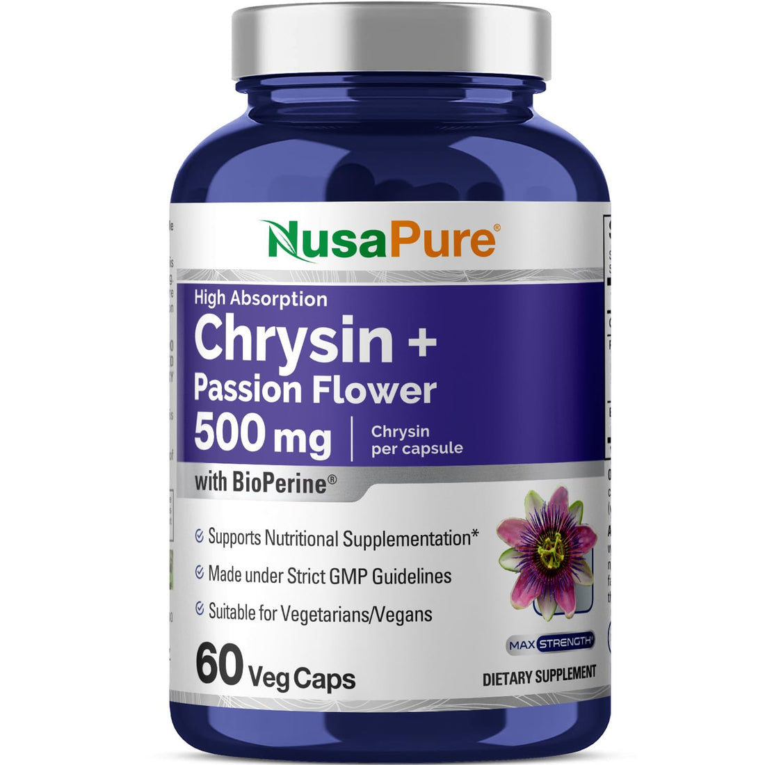 NusaPure Chrysin 500mg, 60 Veggie Capsules | Passion Flower Complex 500mg Supplement | 5, 7-Dihydroxyflavone | Concentrated Extract | Non-GMO, BioPerine & Vegan NusaPure buy supplements canada