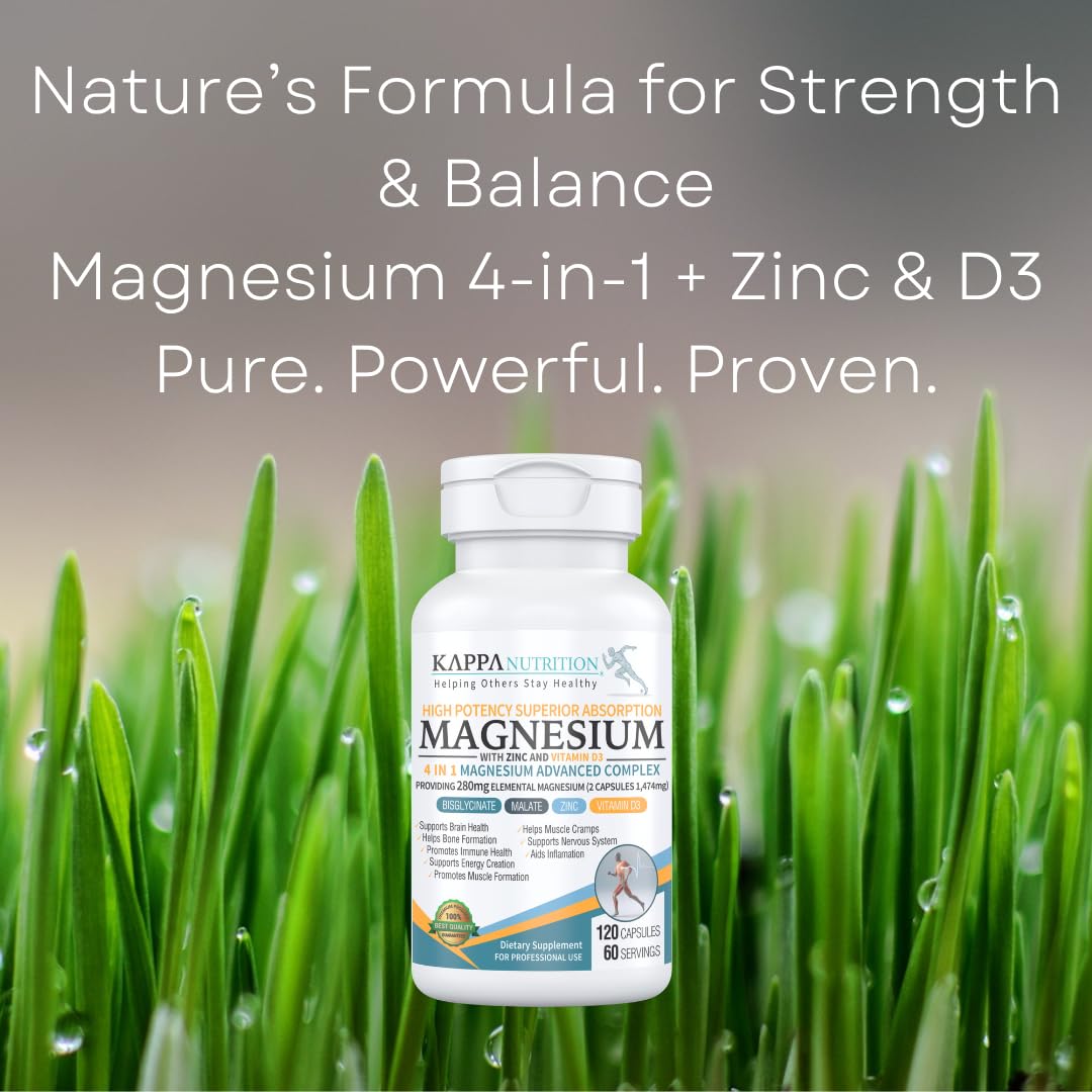 Kappa Nutrition Magnesium 4-in-1, 280mg Elemental Magnesium (Bisglycinate, Malate) + Zinc & Vitamin D3, Brain, Sleep, Energy, Muscle, Immune Support, 120 Vegan Capsules. KAPPA NUTRITION buy supplements canada