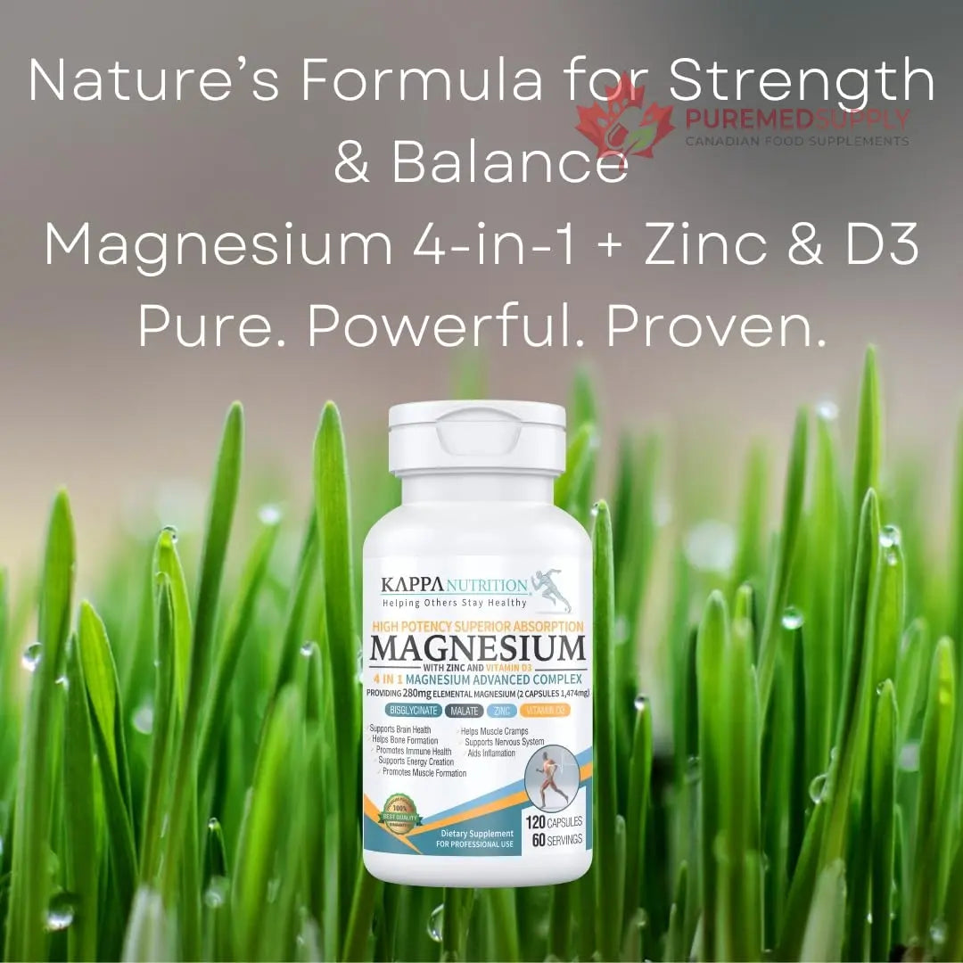 Kappa Nutrition Magnesium 4-in-1, 280mg Elemental Magnesium (Bisglycinate, Malate) + Zinc & Vitamin D3, Brain, Sleep, Energy, Muscle, Immune Support, 120 Vegan Capsules. KAPPA NUTRITION buy supplements canada