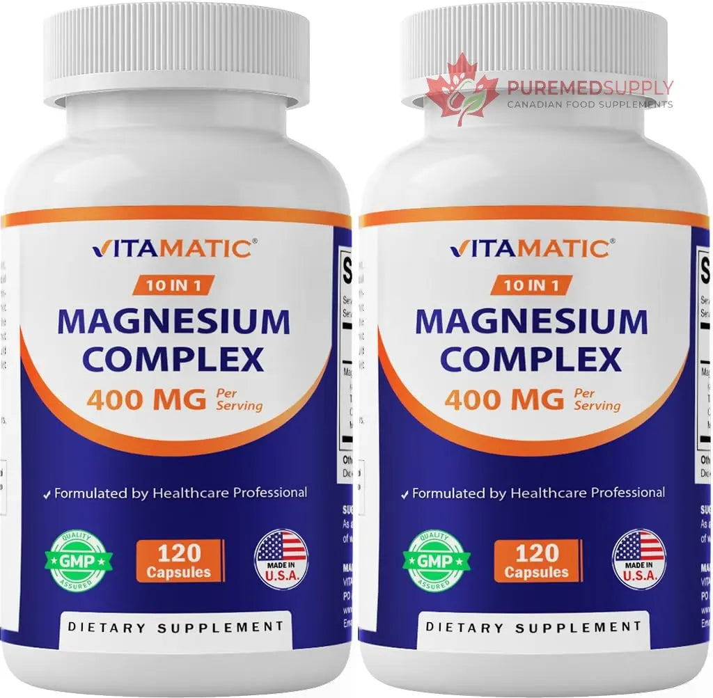 Vitamatic Magnesium Complex, 400mg Elemental MG (as Bisglycinate, Citrate, Taurate, Malate, Aspartate, Oxide, Gluconate, Lysinate Glycinate, Orotate, Succinate) - 120 Capsules per Pack - 2 Pack Vitamatic buy supplements canada