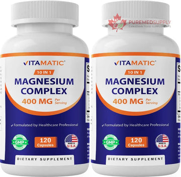 Vitamatic Magnesium Complex, 400mg Elemental MG (as Bisglycinate, Citrate, Taurate, Malate, Aspartate, Oxide, Gluconate, Lysinate Glycinate, Orotate, Succinate) - 120 Capsules per Pack - 2 Pack Vitamatic buy supplements canada
