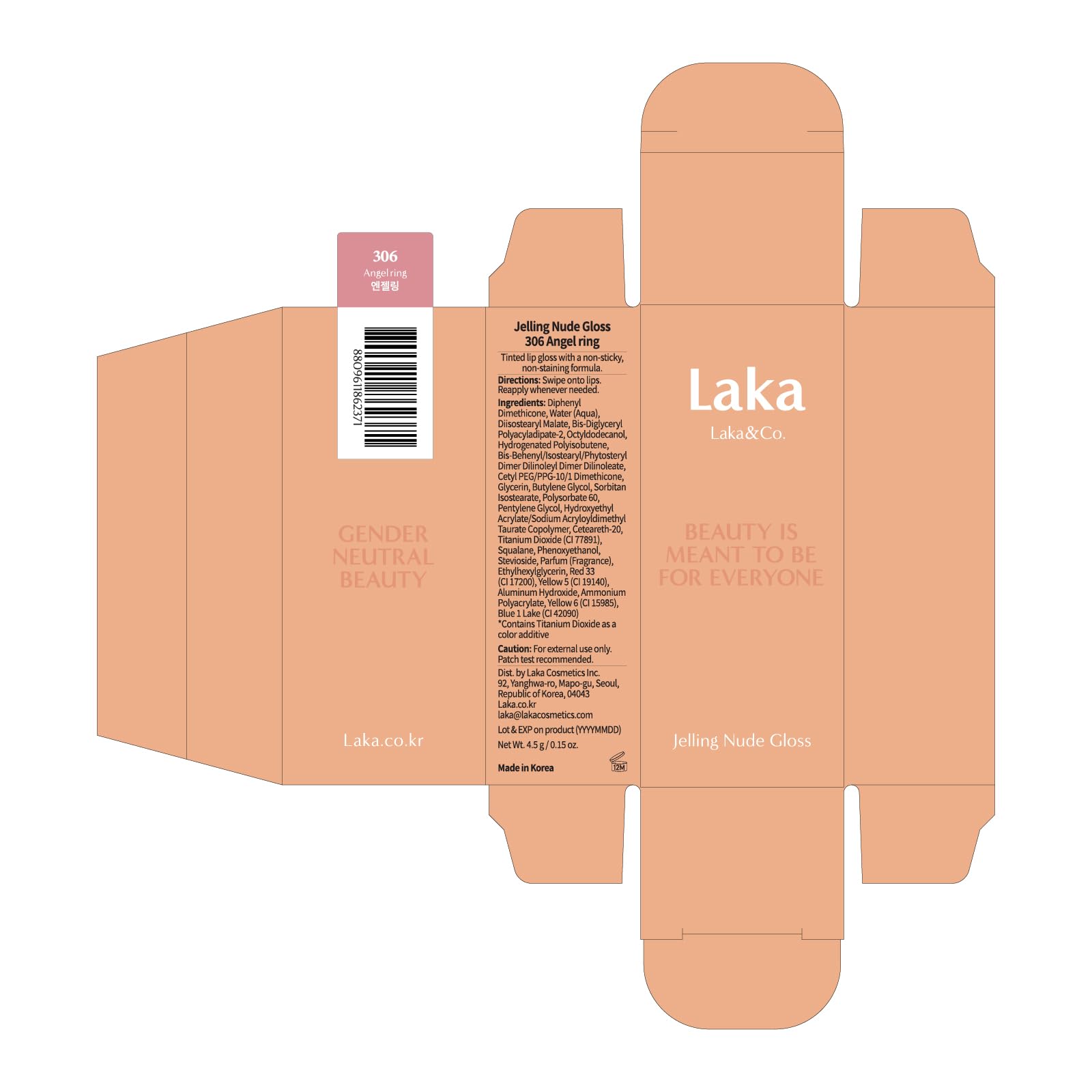 Laka Jelling Nude Gloss, 4.5g/0.15oz, Sheer Hydrating Lip Oil with No Stain, Non-Sticky, Nourishing Gloss for a Glowy Look, K-Beauty (#306 Angelring) Laka buy supplements canada