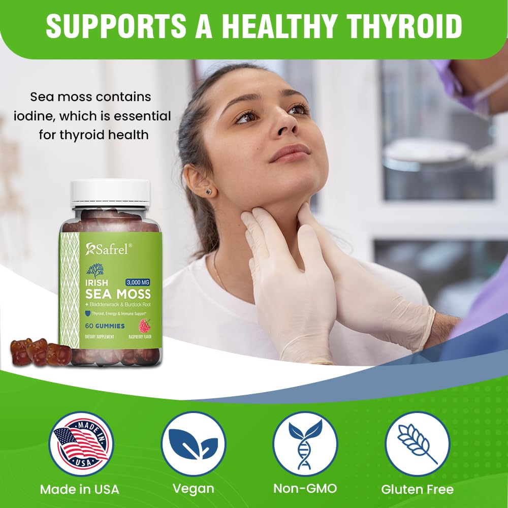 Safrel Irish Sea Moss Gummies 3000mg with Bladderwrack and Burdock Root, Thyroid Energy and Immune Support, Vegan Raspberry Flavor, 60 Gummies Safrel buy supplements canada