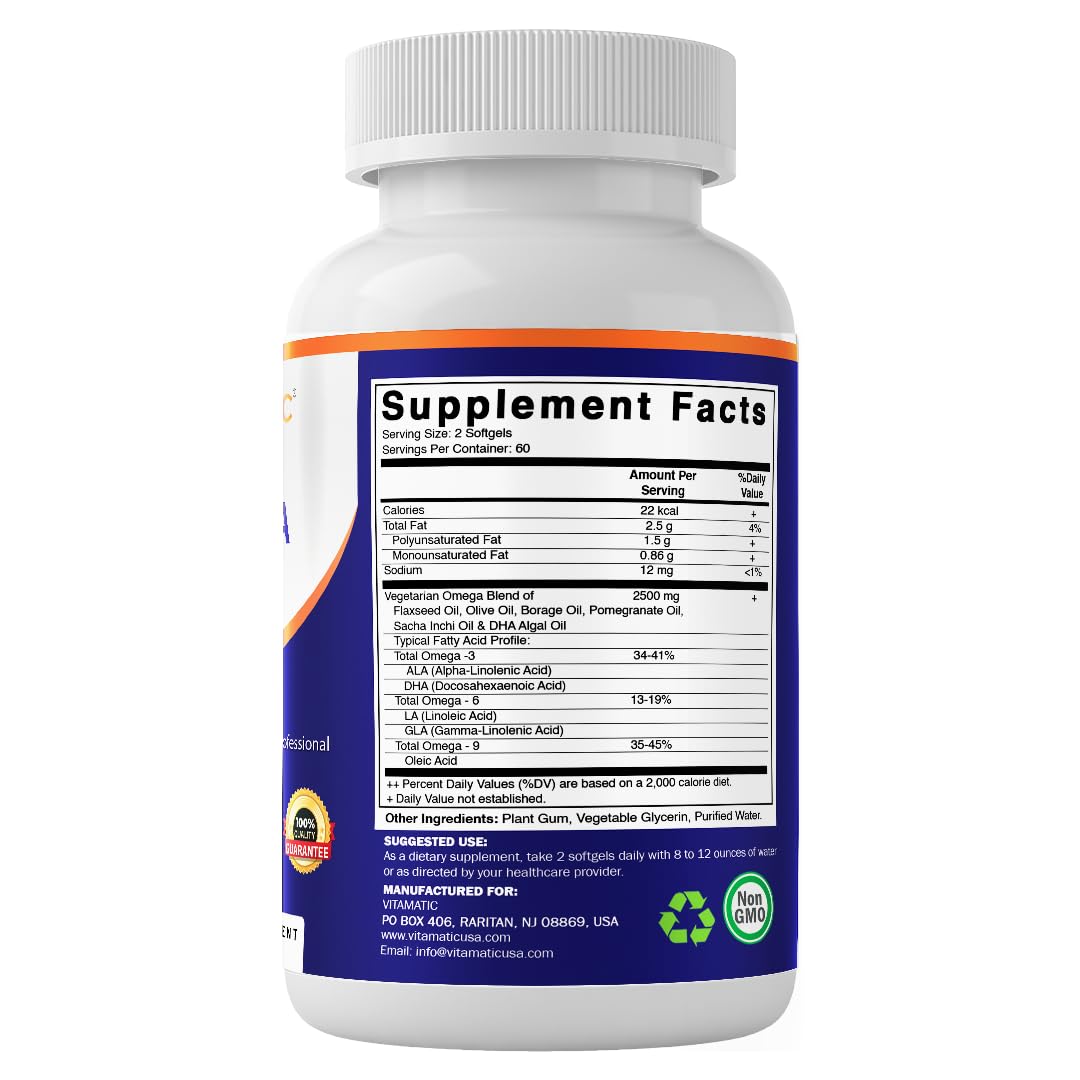 Vitamatic Vegan Omega 3-6-9 Complex 1250mg | Flaxseed, Olive, Borage & Algae Oils | Plant-Based Omegas | 120 Softgels Vitamatic buy supplements canada