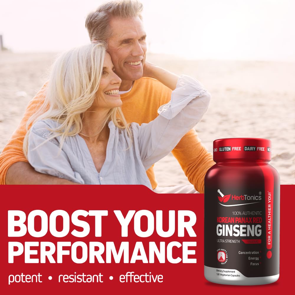 Herbtonics Korean Red Panax Ginseng 1500mg - Energy Supplement for Peak Performance, Focus & Vitality - High Potency Ginseng Root Extract - 240 Vegan Capsules Herbtonics buy supplements canada