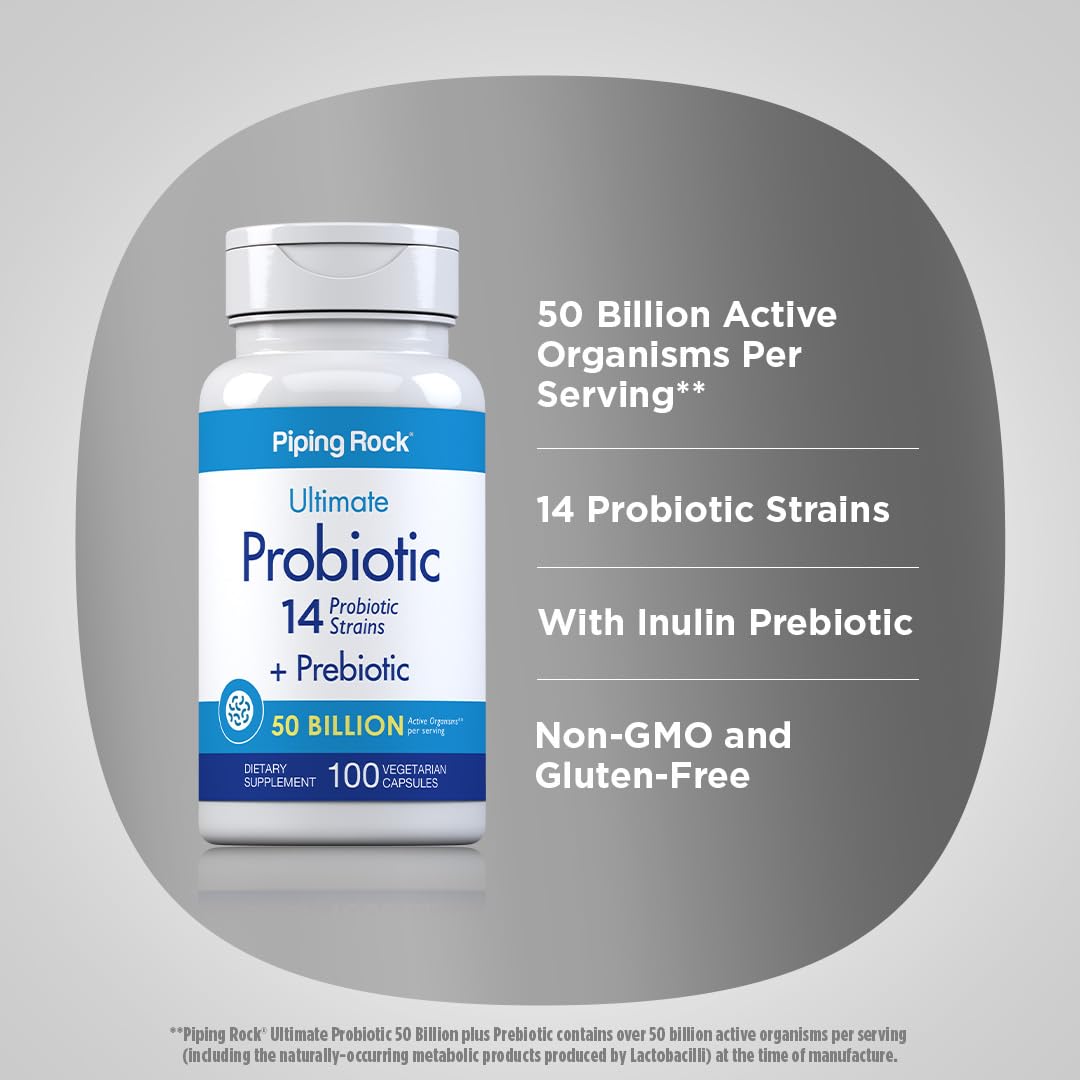 Piping Rock Probiotic and Prebiotic for Women and Men | 50 Billion CFU | 100 Capsules | Ultimate 14 Strain Supplement | Vegetarian, Non-GMO, Gluten Free Piping Rock buy supplements canada