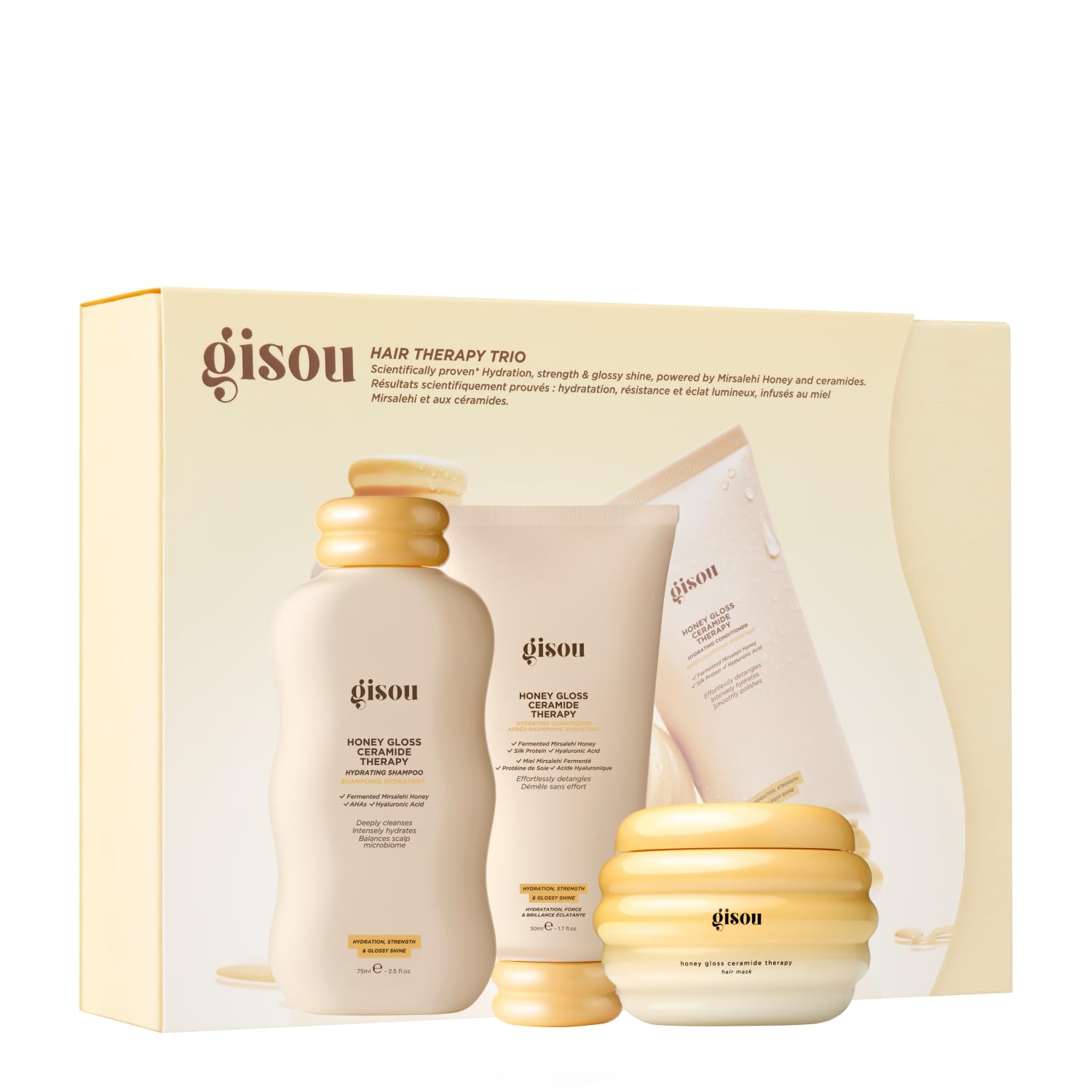 Gisou Honey Gloss Hair Therapy Trio - Mini Shampoo, Hair Mask and Conditioner for smoother, stronger and glossier hair Gisou buy supplements canada