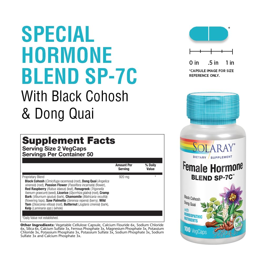 SOLARAY Female Hormone Blend SP-7C | W/Black Cohosh, Dong Quai, Passion Flower, Wild Yam & More | 100 VegCaps, 50 Serv. SOLARAY buy supplements canada