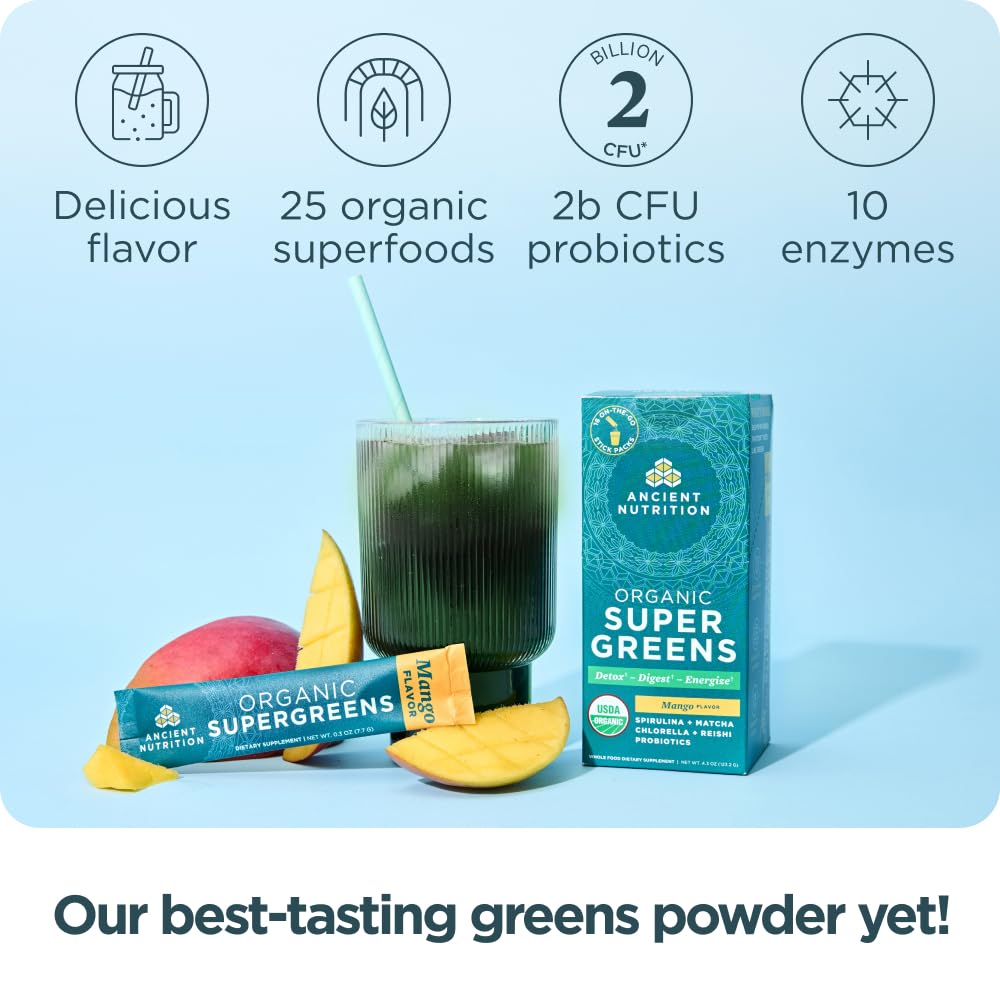 Ancient Nutrition SuperGreens Powder with Probiotics, Organic Mango Flavor Greens, Made from Real Fruits, Vegetables and Herbs, Digestive and Energy Support, 16 Stick Packs, 4.3oz Ancient Nutrition buy supplements canada