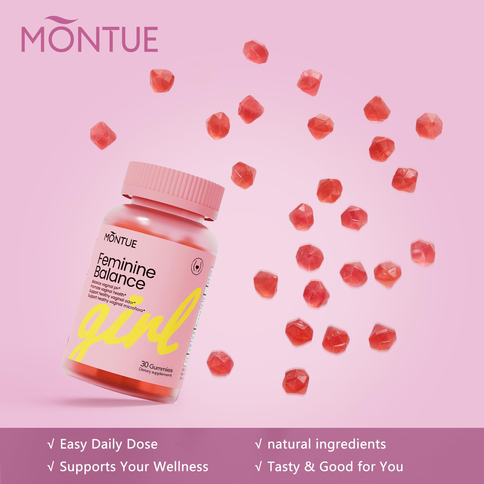Montue Premium Diamond Feminine Balance Gummies-pH Balance with Prebiotics & Lactobacillus Probiotic Blend&Hawaiian Pineapple Immune Support,Vegan& Non-GMO（30 Gummies） Montue buy supplements canada