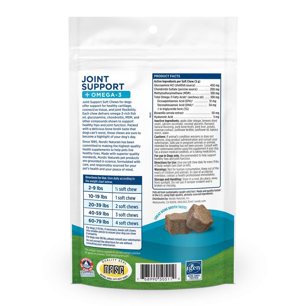 Nordic Naturals Pet Joint Support + Omega 3 Soft Chews for Dogs, Pork Bone Broth Flavored - Promotes Mobility, Hip and Joint Support with Omega-3 Fish Oil, MSM, EPA & DHA - 30 Non-GMO Chews Nordic Naturals buy supplements canada