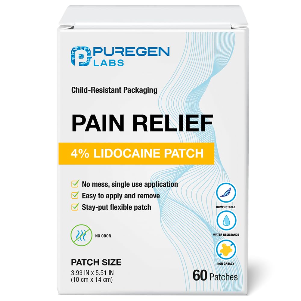 Puregen Labs Lidocaine 4% Numbing Patch - Total 60 Patches Maximum Strength | Fast Acting Temporary Relief of Aches | Back, Neck, Shoulders, Elbows and Knees P Puregen Labs buy supplements canada
