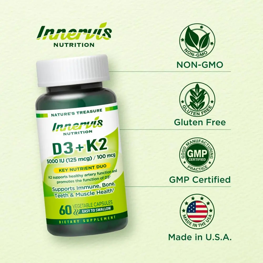 INNERVISNUTRITION Vitamin D3 5000 IU + K2 MK-7 100mcg – Bone, Heart & Immune Support, Easy to Swallow, 60 Capsules INNERVISNUTRITION buy supplements canada