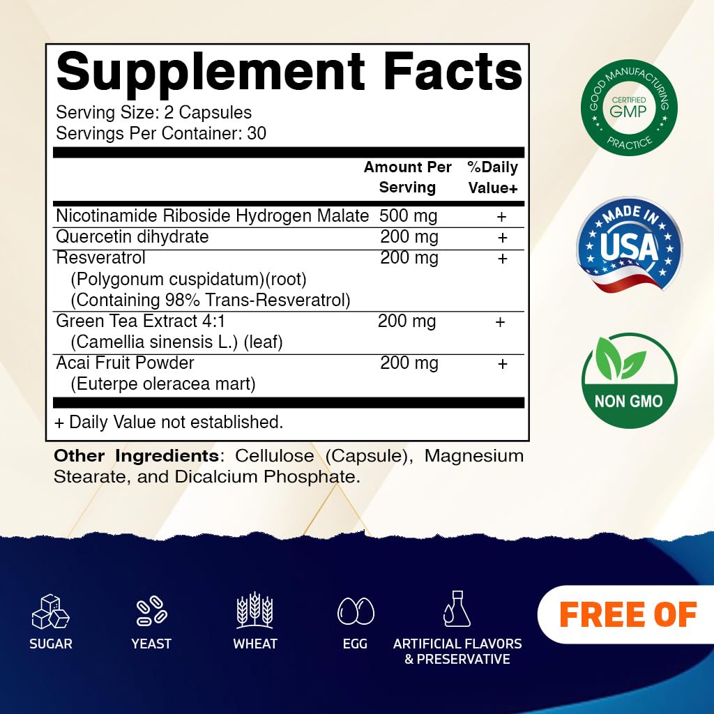 Vitamatic NAD Nicotinamide Riboside Supplement 1300mg 60 Ct - Support Healthy Aging, Cellular Energy Production, Made with Riboside, Quercetin, Resveratrol, Green Tea, & Acai Powder Vitamatic buy supplements canada