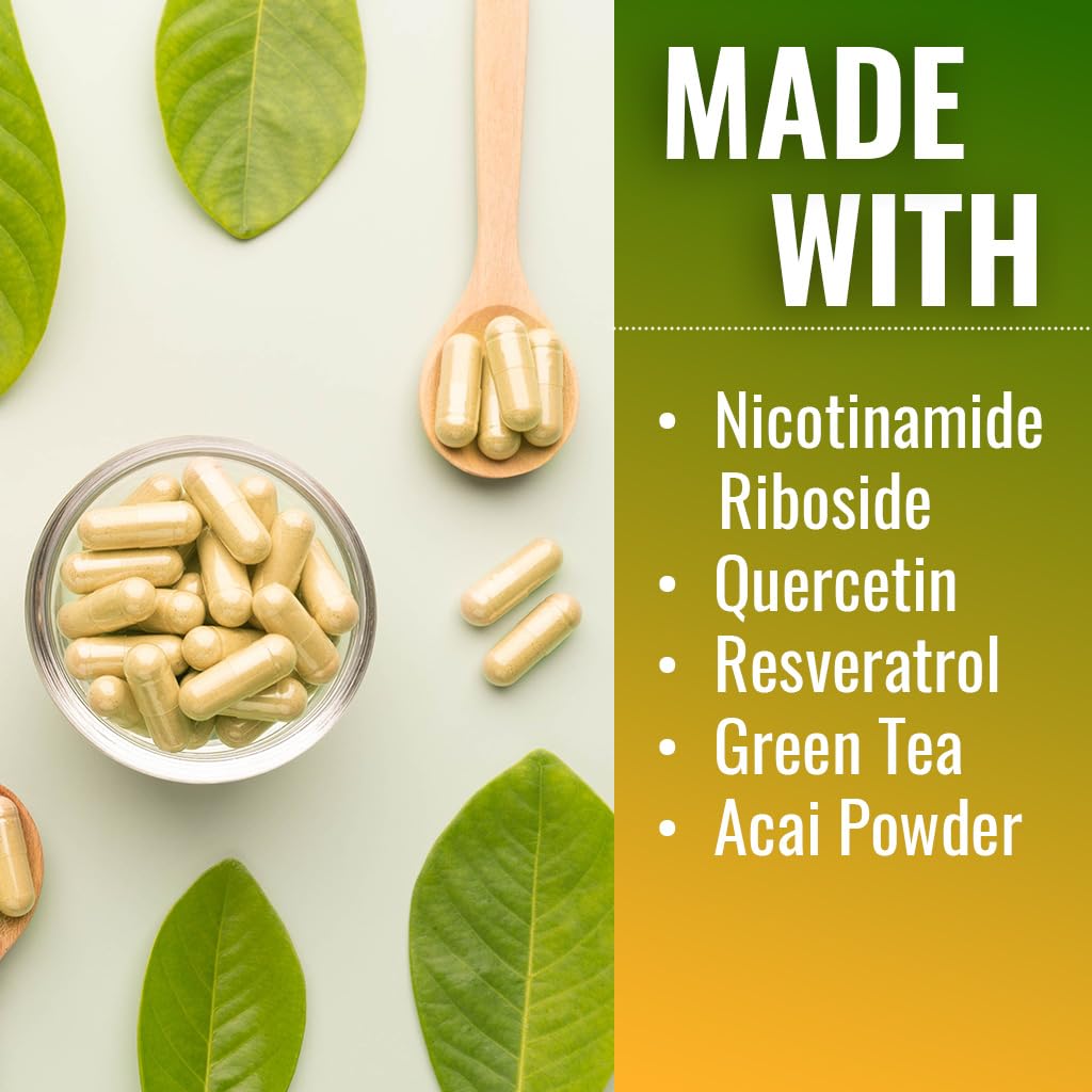 Vitamatic NAD Nicotinamide Riboside Supplement 1300mg 60 Ct - Support Healthy Aging, Cellular Energy Production, Made with Riboside, Quercetin, Resveratrol, Green Tea, & Acai Powder Vitamatic buy supplements canada