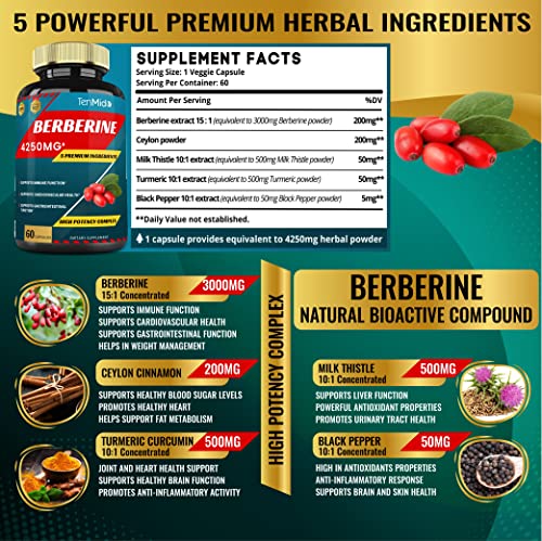 Berberine Extract Capsules 4250mg, 2 Months Supply & Ceylon, Milk Thistle, Turmeric Tenmido buy supplements canada
