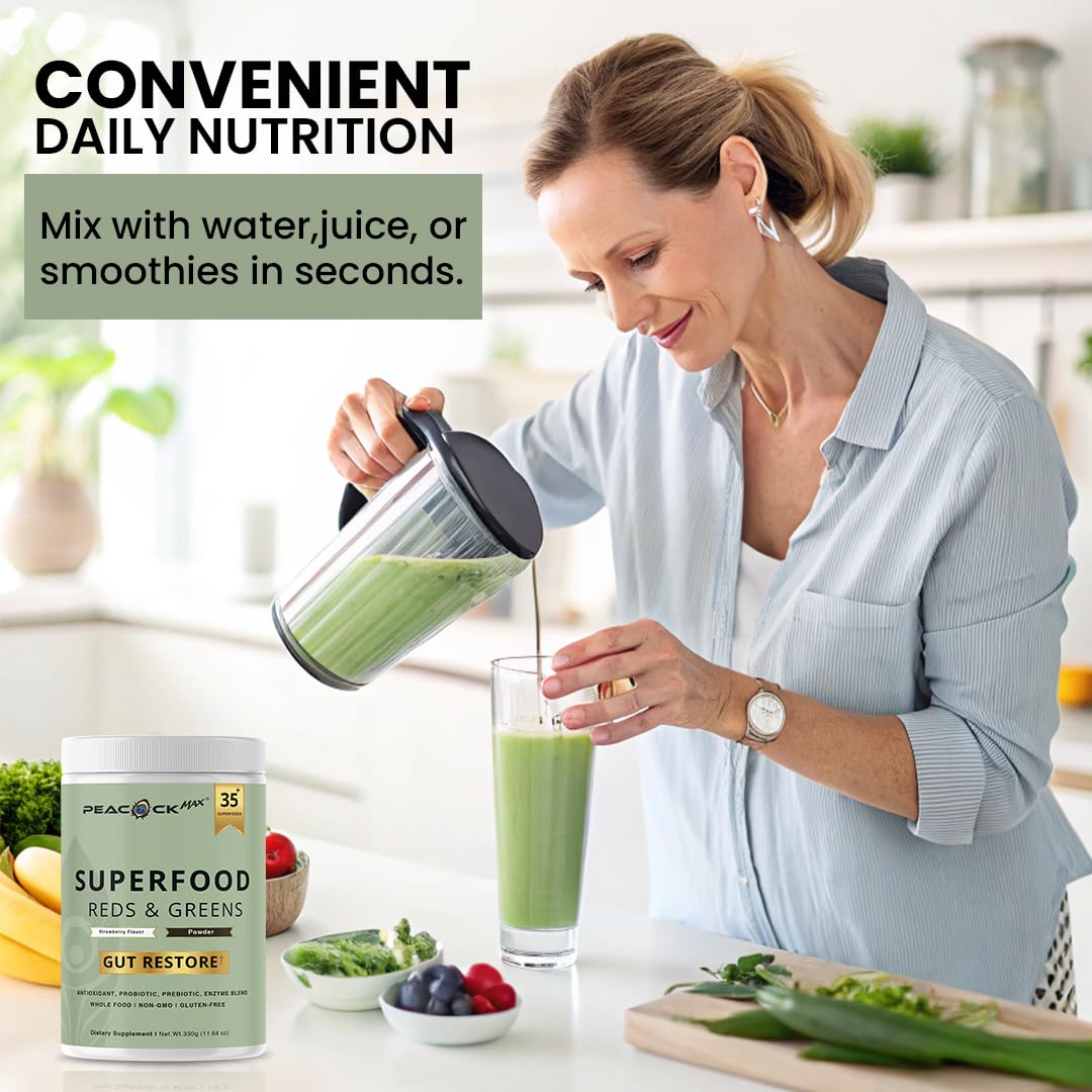 Superfood Reds & Greens Powder - 11.64 oz, Prebiotics & Probiotics for Digestive Health, Super Greens Powder with Ashwagandha for Gut Health, Immunity, Antioxidants, Peacock Max buy supplements canada