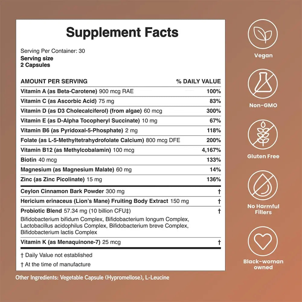 Mela Daily Essentials Multivitamin for Melanated Women - High-Dose Vitamin D3 and B12, Probiotics, Lion's Mane, Ceylon Cinnamon Mela buy supplements canada