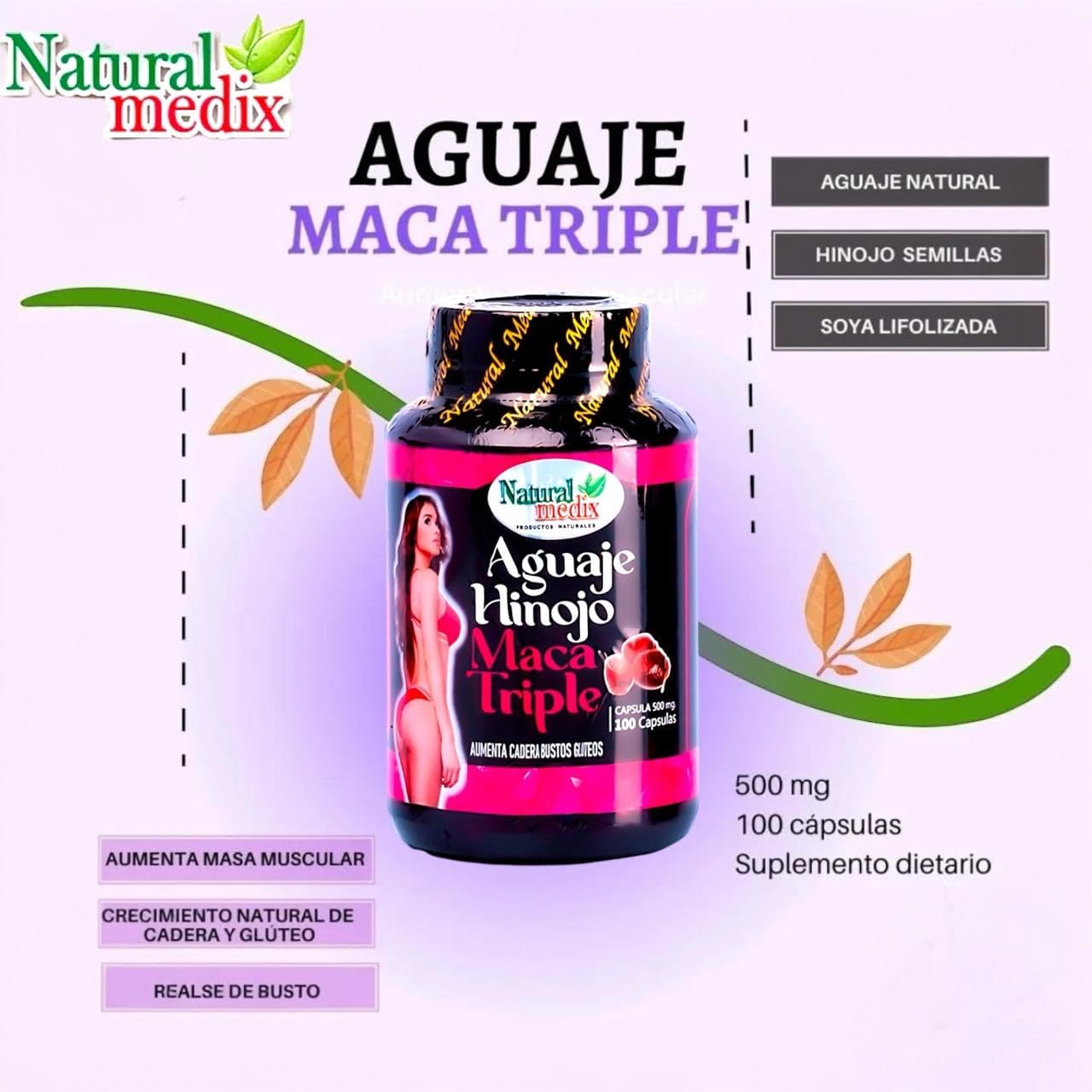 Natural medix Aguaje Hinojo Maca Triple (Maca Root Supplement) Premium 100 Capsules | Premium Botanical Blend for Feminine Balance & Confidence Natural medix buy supplements canada