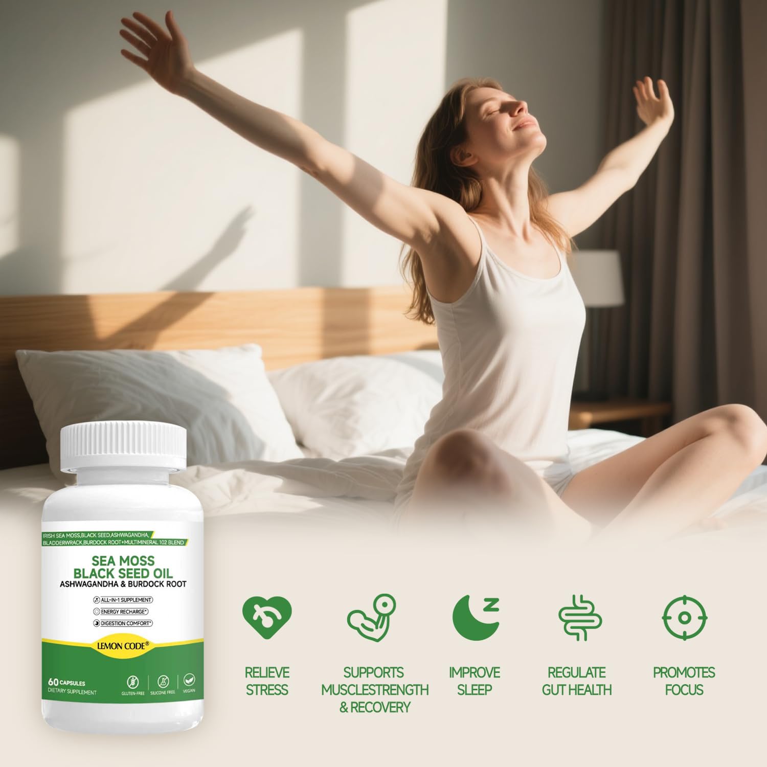 LEMON CODE Sea Moss & Black Seed Oil Capsules with Burdock & Bladderwrack & Ashwagandha, Vitamin C&D,Natural Herbal Complex for Daily Balance, Energy & Digestive Support, Vegan, Non-GMO, 60 Capsules LEMON CODE buy supplements canada