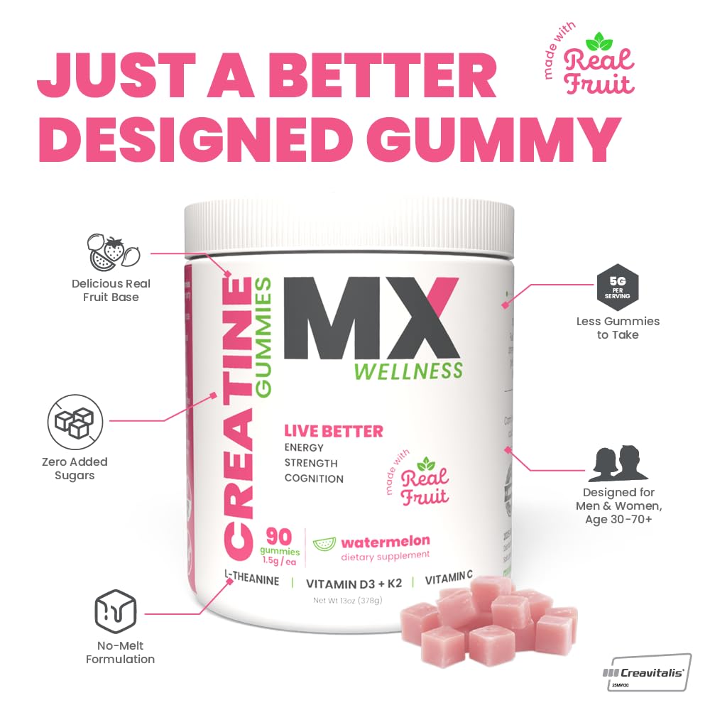 MX Wellness Creatine Monohydrate Gummies for Men & Women – Real Fruit Gummy Supplement for Muscle Growth, Recovery, Longevity, Cognitive Health & Memory – 90 Chews (90 Gummies, Watermelon) MX Wellness buy supplements canada