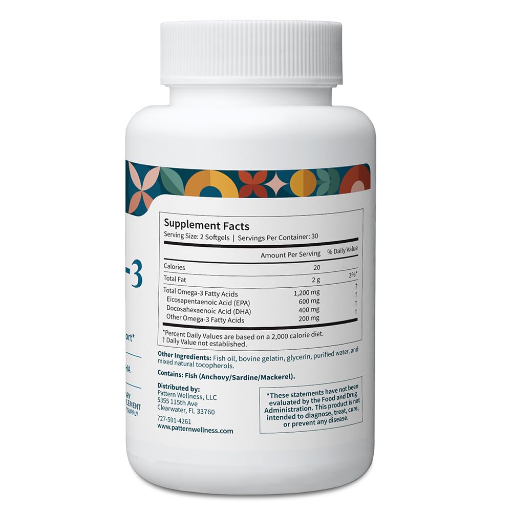 Pattern Wellness Omega 3 Softgels - Pure Fish Oil Formula - Helps Maintain Brain, Heart & Joint Health - 3rd Party Lab Tested - Non-GMO, Dairy-Free, Gluten-Free - 60 Softgels Pattern Wellness buy supplements canada