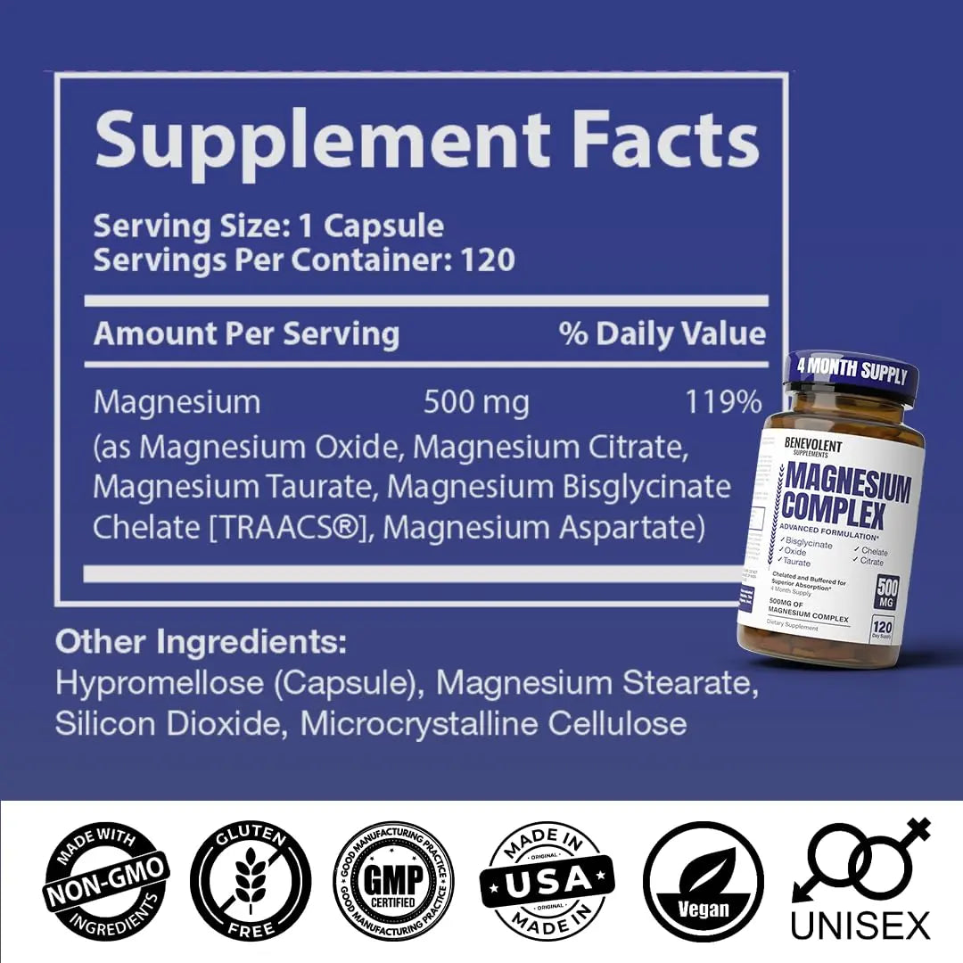 Magnesium Complex Supplement, 4 Month Supply of 500mg 5-in-1 Bisglycinate, Oxide, Taurate, Aspartate, Citrate, Max Absorption Magnesium Supplement for Calm, Sleep & Leg Cramps, 120 Capsule Benevolent Nourishment buy supplements canada