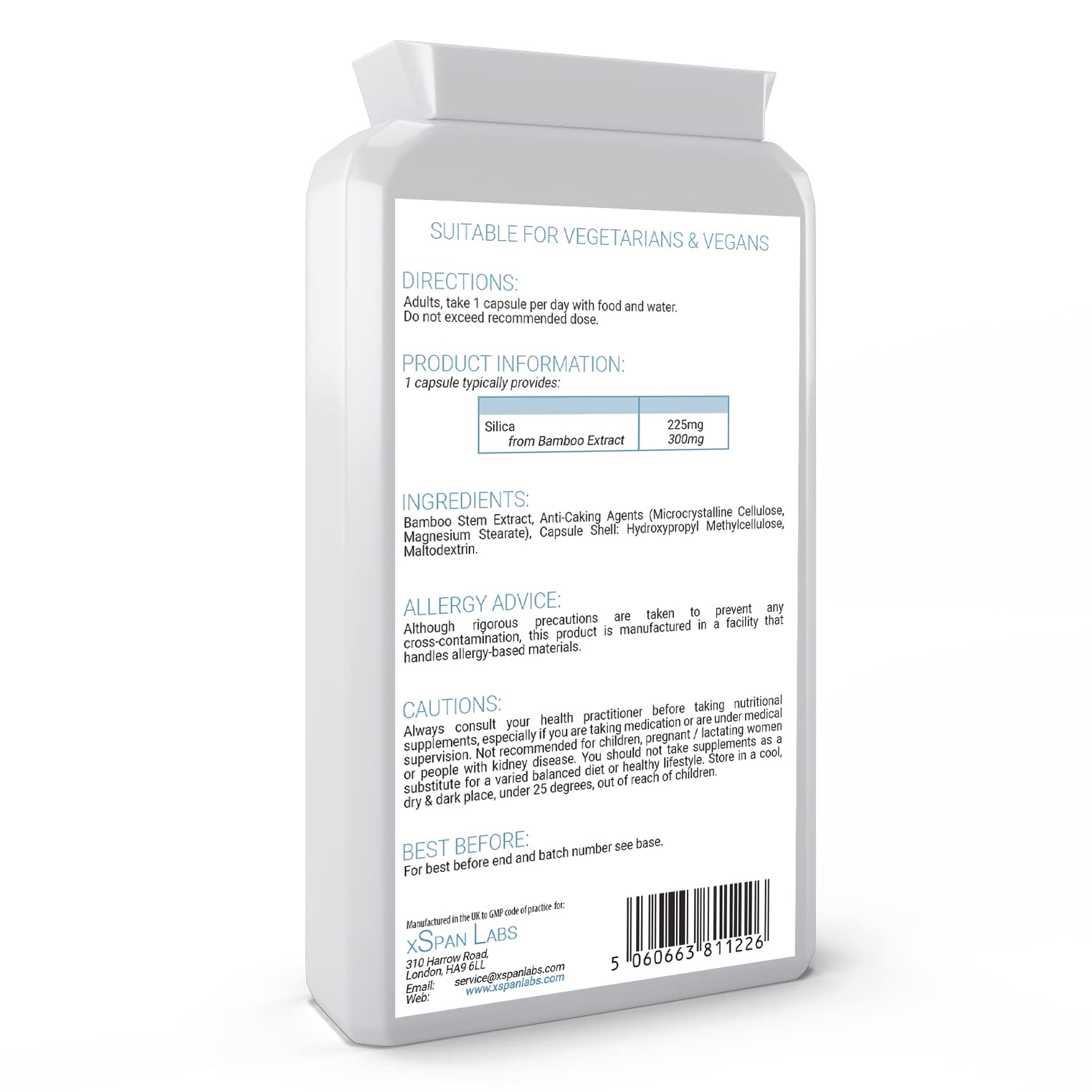 Silica 225mg – 90 Capsules - A Potent Highly Bioavailable Form - Naturally Sourced from Bamboo Extract - One-A-Day Vegan Capsules to Support Healthy Hair, Nails and Skin - Made in The UK Xspan Labs buy supplements canada
