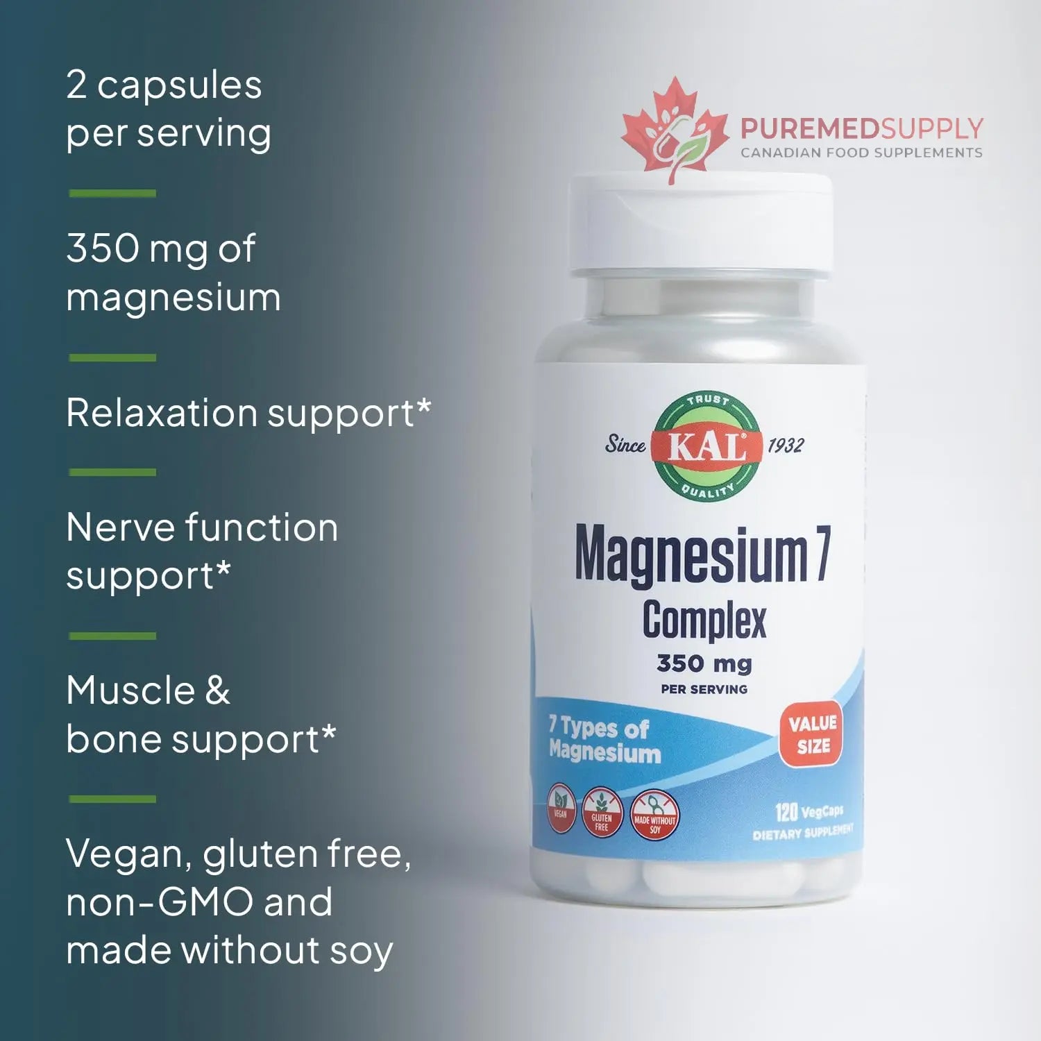KAL Magnesium Complex 7 - Total Complex with Magnesium Glycinate, Citrate, Malate and More - Relaxation and Whole Body Support Supplements - Vegan, 60-Day Guarantee - 60 Servings - 120 VegCaps KAL buy supplements canada