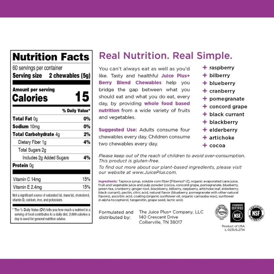 Juice Plus+ Berry Blend Soft Chews (Chewables) - Daily Nutrition from 12 Plants with Whole Fruit, Vegetable, & Berry - Raspberry, Bilberry, Blueberry, and More! for Adults and Kids - (1-mo, 30 Chews) Juice Plus+ buy supplements canada
