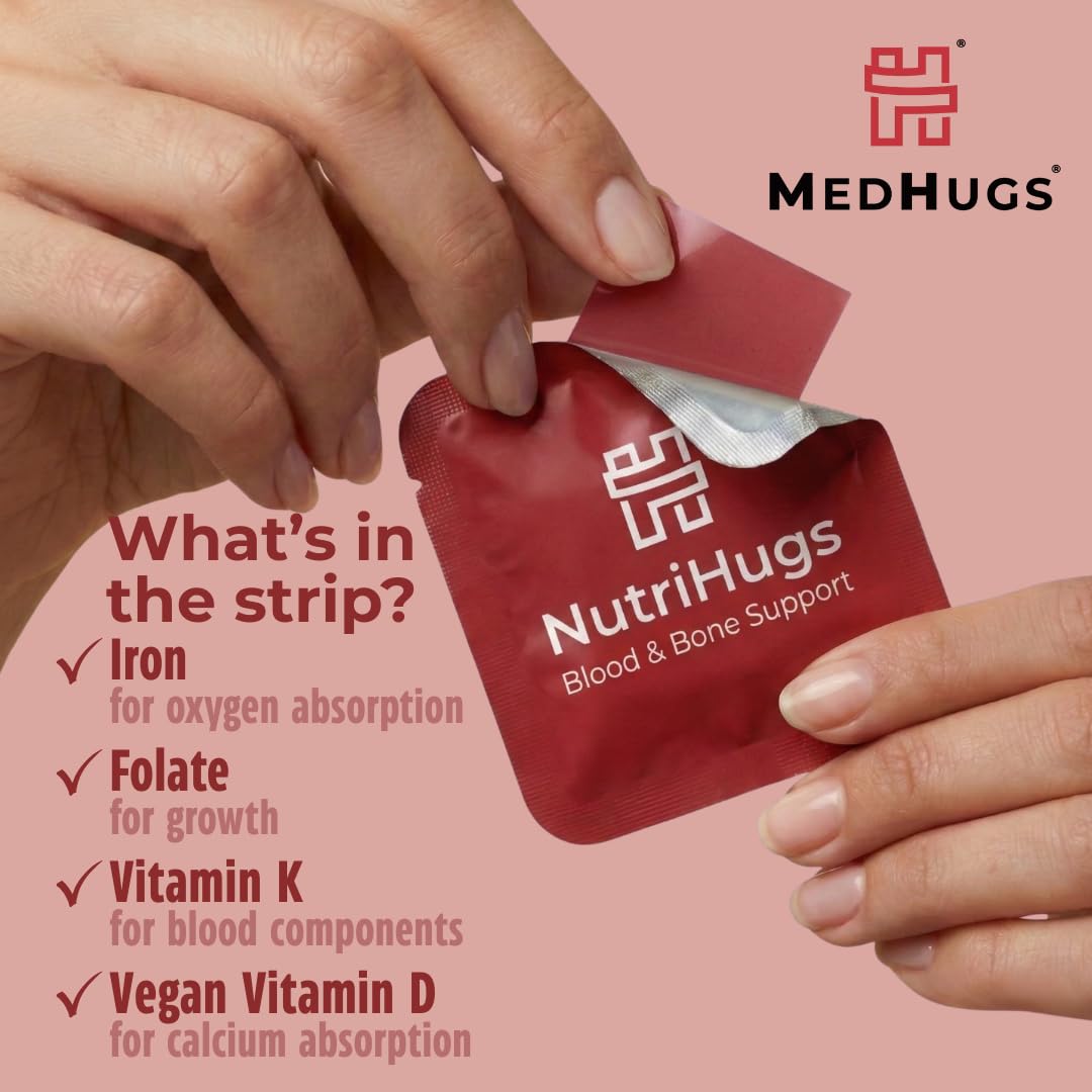 MedHugs NutriHugs Blood and Bone Support - Iron, Folate, Vitamin D3 and K2 - Fast-Dissolving Oral Thin Film Strips - Non-Constipating Iron - Vegan, Sugar-Free, Non-GMO - 30 Strips MedHugs buy supplements canada
