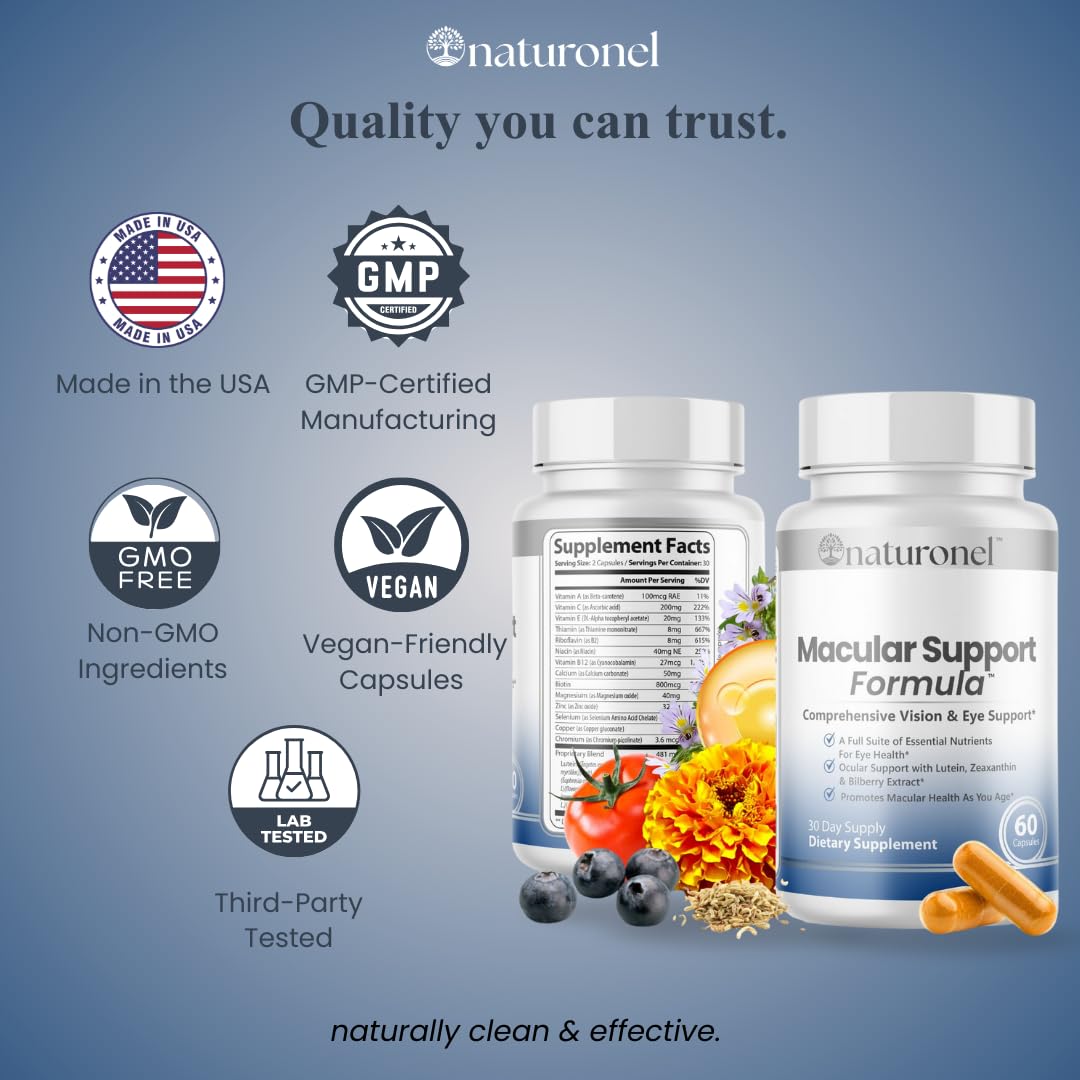 Naturonel Macular Support Formula – Vision & Eye Health with Lutein, Zeaxanthin, Bilberry, Eyebright & Antioxidants | Non-GMO, Made in USA, GMP Certified – 60 Capsules, 30 Day Supply (1) Naturonel buy supplements canada
