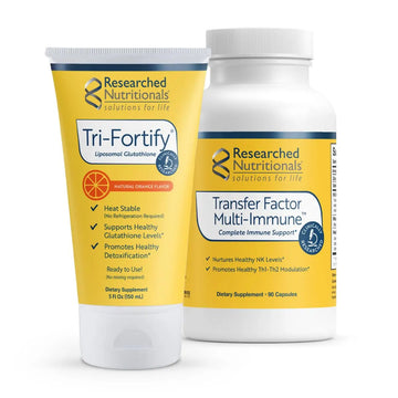 Researched Nutritionals Liposomal Glutathione (450mg) + Colostrum & Mushrooms Supplement for Immune Support - Enhanced Immunity Duo - Tri-Fortify Orange + Transfer Factor Multi-Immune (2 Piece Set) Researched Nutritionals buy supplements canada